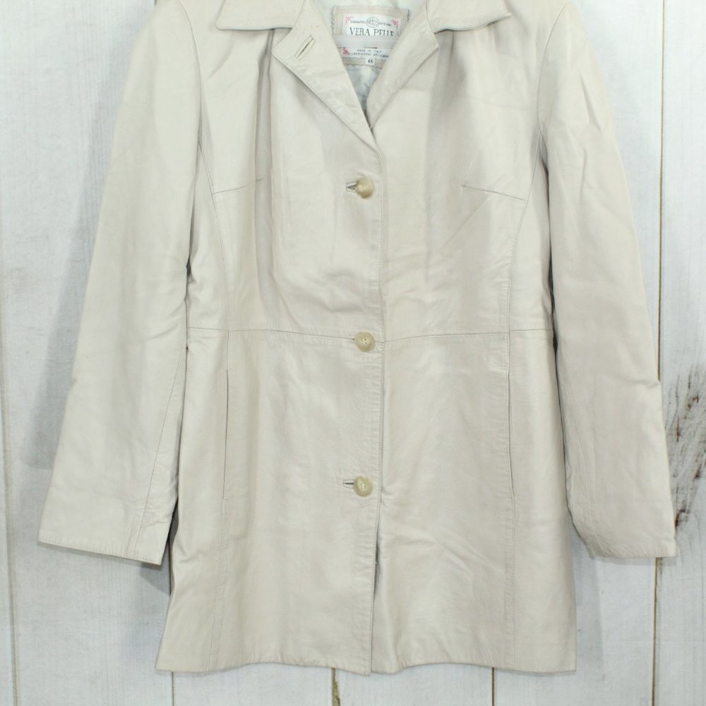VERA PELLE Tan Leather Down Button with Collar Jacket Italy Made Size 46 - Picture 4 of 10
